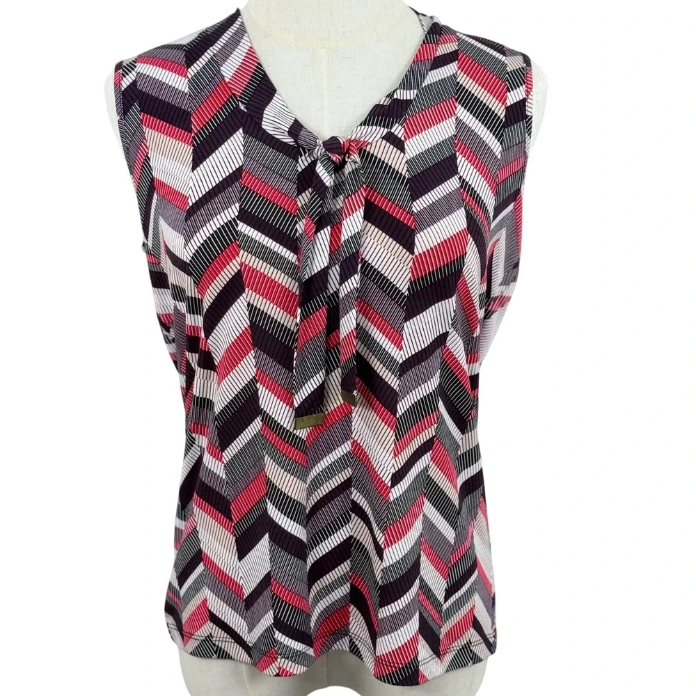 Jones New York S Blouse Red Geometric Women Tie Neck Sleeveless Shell Career EUC - Picture 1 of 8